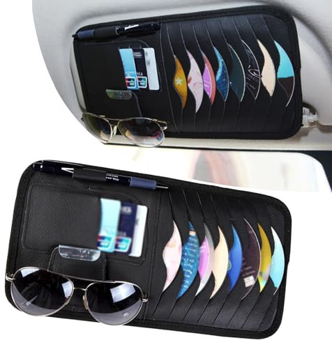 Yumfugu 1 x Auto-CD-Halter, universeller Leder-Sonnenblenden-Organizer für Autos, Sonnenblenden-Organizer-Tasche mit CD-Disc-Karte, Brillenaufbewahrung (schwarz)