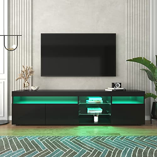 Oyemige Mobile TV 180 cm, Mobile TV Lowboard, lucido Console TV con Luci LED, Porta TV Sospesa Lucida con Scomparto in Vetro e Tre Ante, Centro di Intrattenimento Moderno, Nero,180x35x45