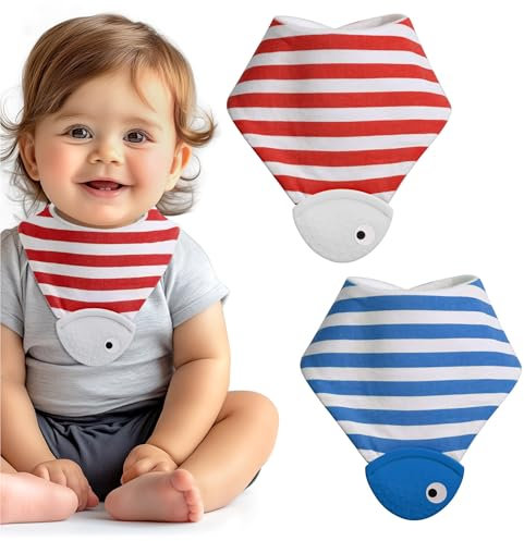 Navaris 2er Set Dreieckstuch Baby - Mit Beißring - Baby Lätzchen - Halstuch Baby - Halstücher Baby - Sabberlätzchen Baby - Baby Halstuch - Babylätzchen - Rot und blau