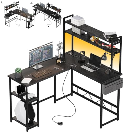 Flamaker Gaming Tisch L Form mit LED 160 x 120cm, Reversibel Schreibtisch mit 2 Steckdosen und 2 USB Ladeanschluss, Eckschreibtisch mit Stall und Lagerregal, Mit Seitentaschen, Schwarz