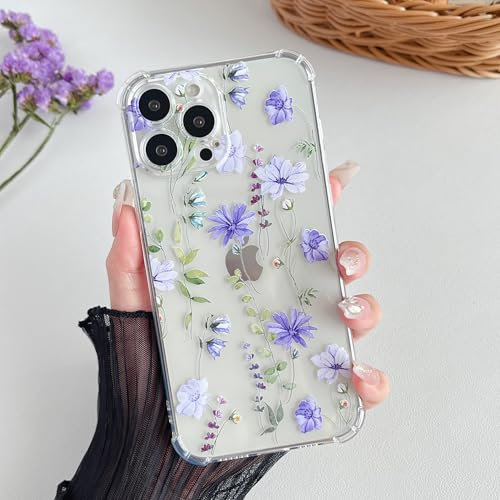 DEFBSC Case for iPhone 15 Pro Max, Cute Clear Flower Design Phone Case for Girls Women Slim Fit Shockproof Soft TPU Bumper Protective Case for iPhone 15 Pro Max - Purple