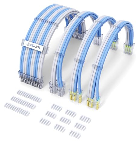 Sirlyr PSU Cable Extension,Customed Pre-Bend PC Power Supply Cable,1x 24 Pin ATX / 1x 8 (4+4) Pin EPS/Longer 2X 8 (6+2) Gold-Plated Pin Pcie,Nylon Sleeved Blue White,4 Kits