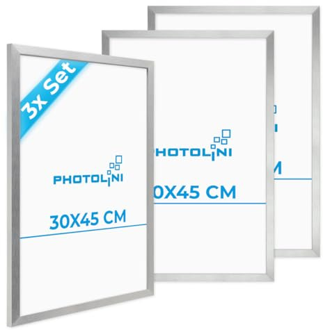 PHOTOLINI Bilderrahmen 30x45 Silber MDF-Holz, 3er Set Poster-Rahmen, bruchsicheres Acrylglas, zum Aufhängen, extra Zubehör - für Fotos & Poster