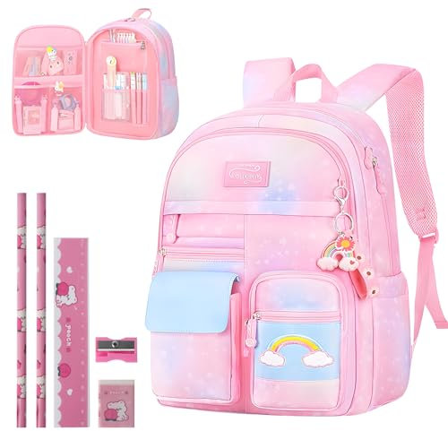 LPQKCcY Zaino da scuola per ragazze con set di cancelleria, porta del frigorifero, zaino per bambini zaino grande capacità, impermeabile e leggero, borse per libri primari per adolescenti di 8-10