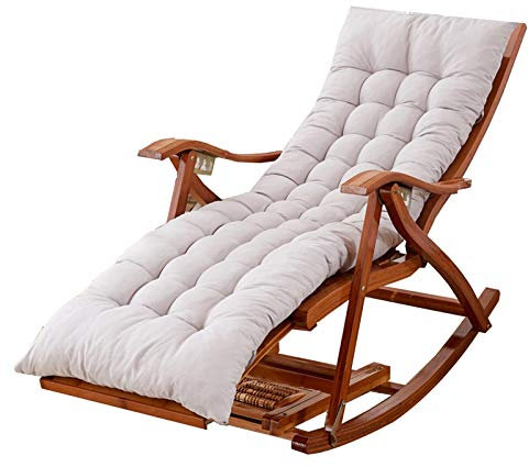 Sedia a dondolo in bambù con cuscino regolabile in cotone, poggiapiedi retrattile, portatile, per esterni, per giardino e piscine (cuscino grigio incluso)