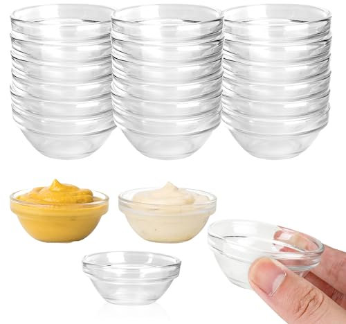 Aramanara 20 Pcs Glass Dish Dipping 70 ml Mini Dipping Bowls Mini Glass Bowls, Round Sauce Dish for Dips, Small Prep Bowl for Condiment, Spices, Starter, Jam (Clear)