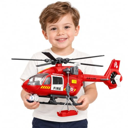 XUEXUE Big Elicottero Grande Giocattolo per Ragazzi 2 3 4 5 6 7 - Elicottero di Soccorso della Polizia con Gru, Luci e Suoni, Cestino di Carico Incluso
