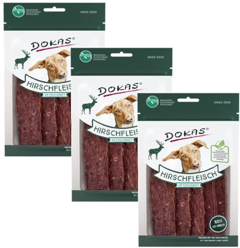 Dokas Hundesnack Hirschfleisch getrocknet – 3 x 60g | Schonend luftgetrocknet & 100 % Fleischanteil | Hypoallergen, fettarm & getreidefrei | Ideal für Sensible Hunde
