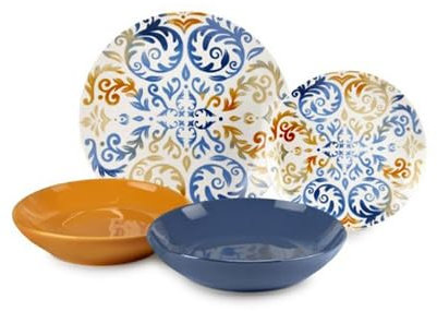 FADE Maison servizio piatti per la tavola 18 pezzi in porcellana Asia con decoro arabesque blu giallo e bianco