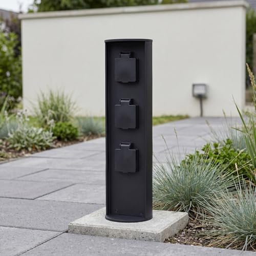 Prise extérieure de jardin en aluminium noir IP44 3500W colonne de prises 3 voies distributeur de courant extérieur 40 cm Prise colonne d'énergie