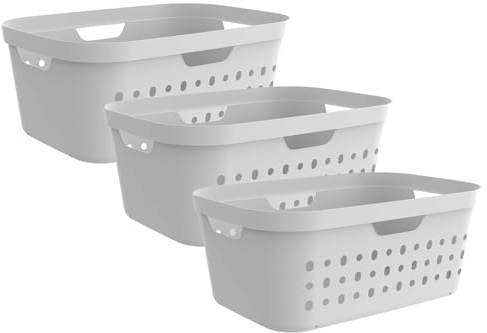 Rotho Jona Wäschekorb 3er-Set 39 L Wäschesammler mit Griffen stapelbar Weiß | Wäschekorb mit Henkel, vier ergonomische Griffe, Belüftung auf allen Seiten, ineinander stapelbar, robuste Verarbeitung