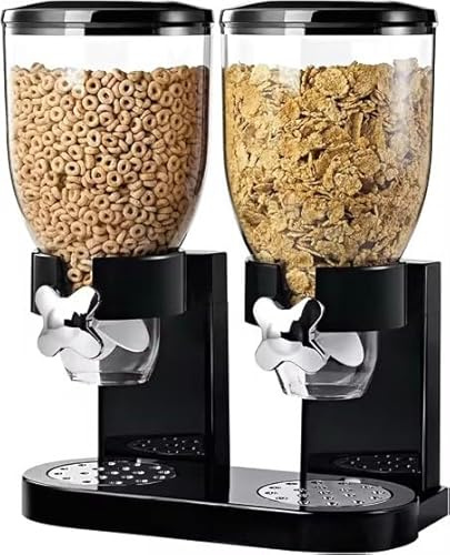 Dual Control Dry Food Cereal Dispenser, Storage Container, Round, 2L, Black and White