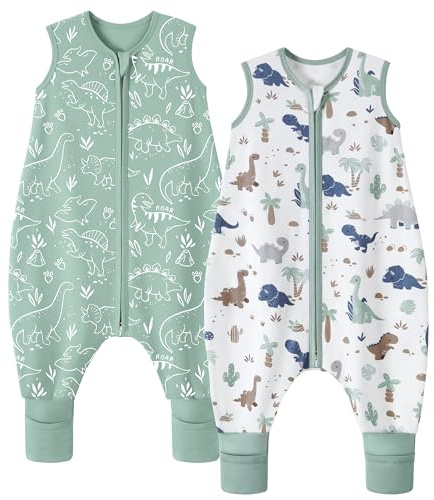 FIEMOL Gigoteuse avec Pied 18-36 Mois Enfant Turbulette avec Pied Legere 0,5 Tog 100% Coton Gigoteuse d'Été Bébé Fille Garcon Gigoteuses avec Jambes Dinosaure Vert