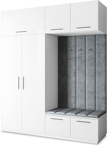 Masseno Flugarderoben Set Rema, Kleiderschrank-Set mit Sitzbank, Garderobenschrank Flur mit 5 Regalböden, Weiß
