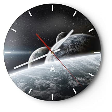 Modern Wanduhr Planeten Kosmos Sterne 40x40cm Rund Groß Wand Uhr Glas Analog Zimmeruhren Küche Büro Wohnzimmer Glasuhr Wall Clock Dekoration Design Wanddekoration Küchenuhr C3AR40x40-2327