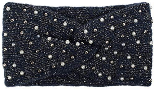 styleBREAKER Damen Strick Stirnband mit Perlen, Metallic Garn und Twist Knoten, warmes Winter Haarband, Headband 04026029, Farbe:Dunkelblau