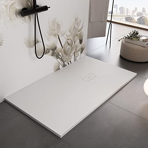 Piatto doccia bianco in Marmoresina pieno, effetto pietra ardesia, serie Madrid, slim 3 cm, rivestito di Gelcoat, antiscivolo