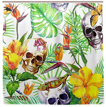 HaJie Rideau de douche pour salle de bain Motif feuilles tropicales grenouille avec têtes de mort 182,9 x 182,9 cm