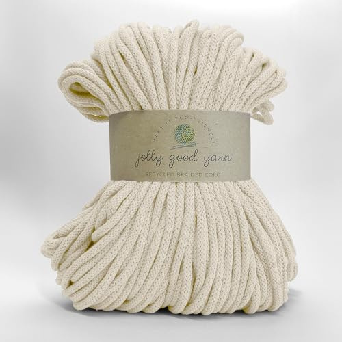 5mm Braided Macrame Cord Rope by Jolly Good Yarn, Soft Recycled Cotton, 100m (500g), Wall & Plant Hangers, Textile Jewellery, Decorations (Plymouth Cream)