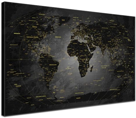 LANA KK Stilvolle Pinnwand Weltkarte - Noir - Deutsch in 80 x 60 cm, stabile Rückwand zum Pinnen inkl. Starterkit - Leinwand-Kunstdruck Wandbild Landkarte XXL