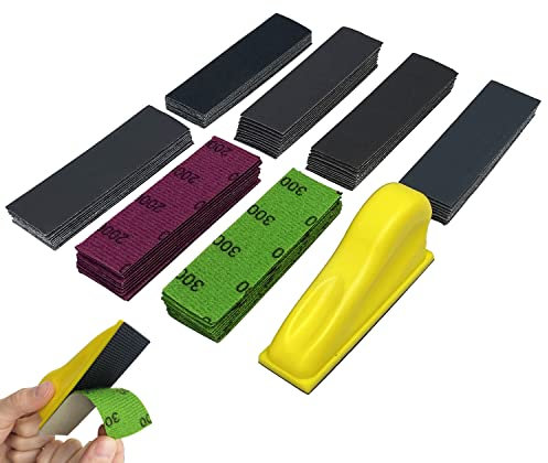 AutKerige Micro ponceuse de détail avec 70 pièces de papier abrasif grain 400 600 800 1000 1500 2000 3000, mini ponceuse 8,9 x 2,5 cm avec bandes de ponçage auto-agrippantes pour travaux manuels, bois
