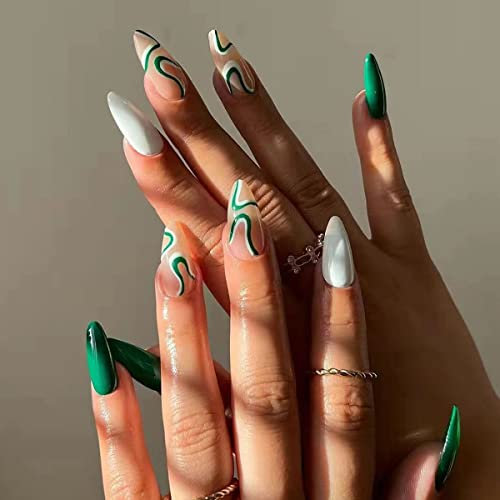 Sethexy Français Faux Ongles Amande Brillant Stylet Moyen Ongles a coller Vert Swirl Faux Ongles Autocollants 24 pièces Acrylique Coller sur les ongles pour les femmes et les filles