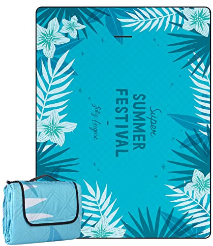 DEWUR Picknickdecke wasserdicht waschbar, Stranddecke Sandfrei XXL Campingdecke Strandmatte isoliert mit wasserdichter Unterseite Blauer Sommer (300x200cm)
