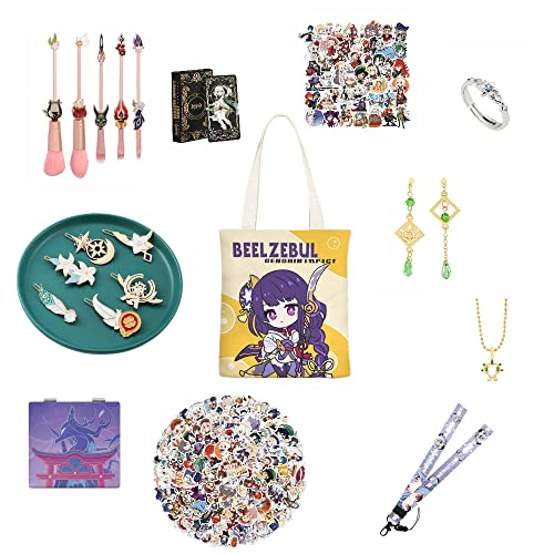 Genshin Impact eine Vielzahl von Geschenk-Sets geeignet für Frauen, einschließlich Aufkleber, Halsketten, Ohrringe, Ringe, Make-up-Pinsel usw, Papier