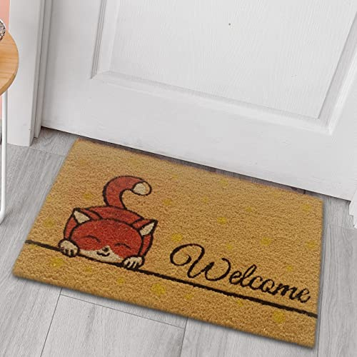 CARPETIA Fußmatte rutschfest Welcome Katze Orange Gelb 45x75 cm | Kokosmatte aus nachhaltiger Naturfaser, robust, pflegeleicht und rutschfest, als Türmatte und Fußabstreifer verwendbar