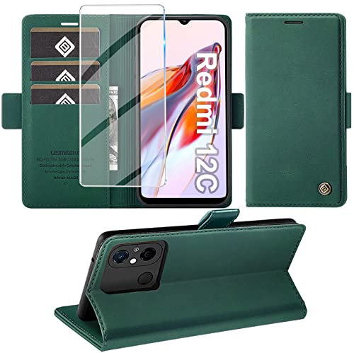 Giyer Handyhülle für Xiaomi Redmi 12C Hülle mit Displayschutzfolie, Schutzhülle für Redmi 12C PU Leder Wallet Flip Case Standfunktion Kartenfach Klapphülle Lederhülle für Xiaomi 12C Cover (Grün)