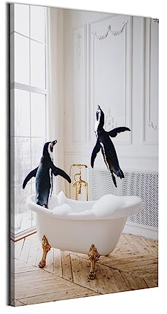 REVOLIO 30x45 cm Bilder Badezimmer - Bad Bilder Tierbilder - Badezimmer Deko Leinwandbild Wandbilder fur Wohnzimmer Wanddeko - Pinguine Tier in der Badewanne