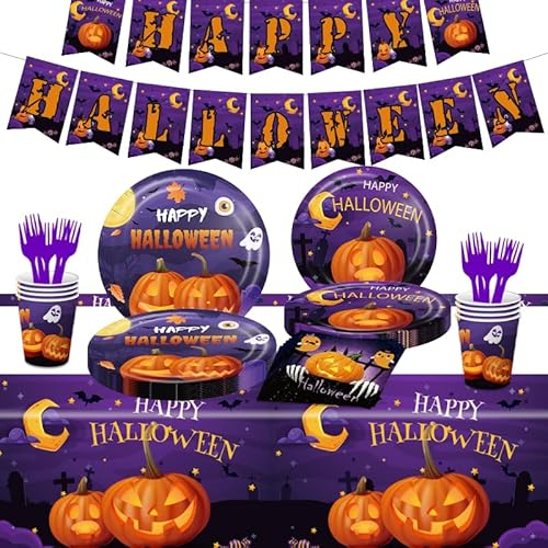 Utensili per feste di Halloween per i compleanni dei bambini, piatti per i compleanni dei bambini, piatti di cartone, tazze, tovaglioli e cannucce per 10 ospiti (04-WANSHENGJIE-D2)