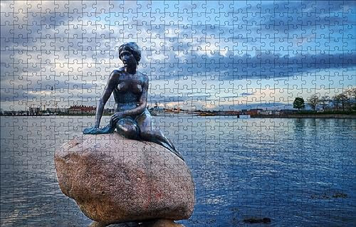 GUOHLOZ Wooden Puzzle 1000 Piece for Adults and Kids,Wooden Jigsaw Puzzles,Unique Shaped Puzzle Pieces,Denmark,Port,Statue,Little Mermaid,Copenhagen,75x50cm