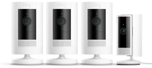 Ring Videocamera esterna a batteria 3 pezzi (Stick Up Cam) + Videocamera interna (Indoor Cam 2a gen.) | Telecamere di sicurezza wifi HD con audio bidirezionale | Ring Home: 30 gg. prova gratuita