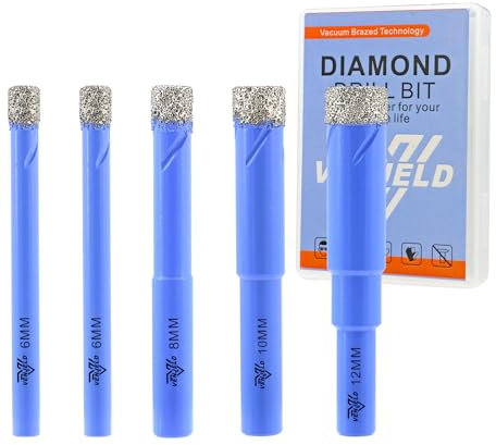 VENJELD Juego de Brocas Diamante Seco - 5 Piezas 6/6/8/10/12mm Corona Diamnate para Baldosas de Porcelana Cerámica Mármol Granito - Vástago Redondo con Estuche