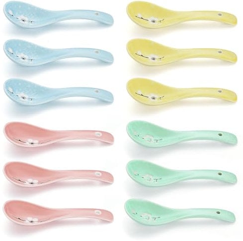 Evanda Ceramic Soup Spoons 12 Pieces, Asian Chinese Japanese Korea Porcelain Soup Spoon for Soup, Dumpling, Wonton, Cereal, Dishwasher Safe