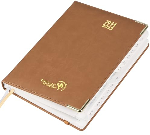 POPRUN Premium Kalender 2025 Wochenplaner (Aug.2024-Dez.2025), ca. A5 (22 x 16,5 cm), 17-Monate-Terminplaner, Buchkalender 2025 Hardcover mit Vergoldete Schutzecken, 100 GSM Papier - Braun