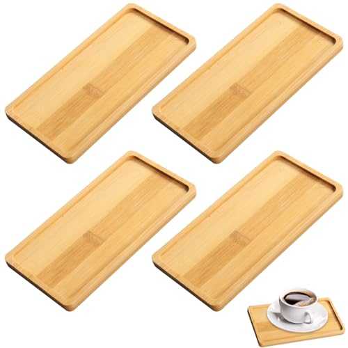 Bambus Tablett Rechteckige, 4 Stück Bambustablett Holz, Klein Serviertablett Bambus Pflanzen-Untersetzer für Untersetzer Tee Brot Dessert Kaffee Kuchen
