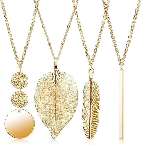 4PCS Trendy Long Pendant Necklaces, Gold Bar Feather Circle Leaf Chain Necklaces, Boho Style Adjustable Ladies Necklace