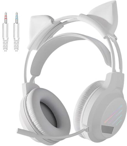 fesoklaf Niedliche Gaming-Kopfhörer mit Mikrofon, RGB-Headset mit Geräuschunterdrückung, Over-Ear-Kopfhörer mit abnehmbaren Katzenohren für Gamer/Streamer/Cosplay (Weiß – 3,5 mm Doppellöcher)