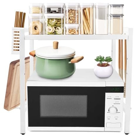 BlyeMichdi Mikrowellen Regal 2-stufig, Erweiterbares Mikrowellen Regal für Küche, Küchen Organizer mit 6 Haken, Flexibel Ausziehbar von 40-60 cm für küchenregal arbeitsplatte