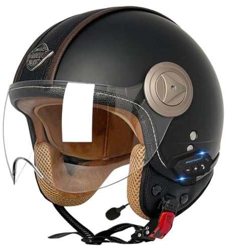 Vintage Style Motorcycle Helmet With Bluetooth Open Face Helmet With Sun Visor 3/4 Half Face Motorbike Crash Helmet DOT/ECE Approved Scooter Cruiser For Adults Men Women 6,XXL:63-64CM