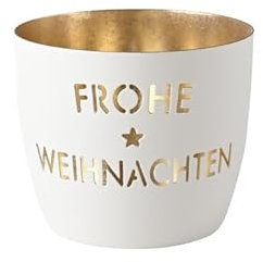 Gift Company Madras, Windlicht, M, Motiv: Frohe Weihnachten, weiß/Gold H8,5, D10cm