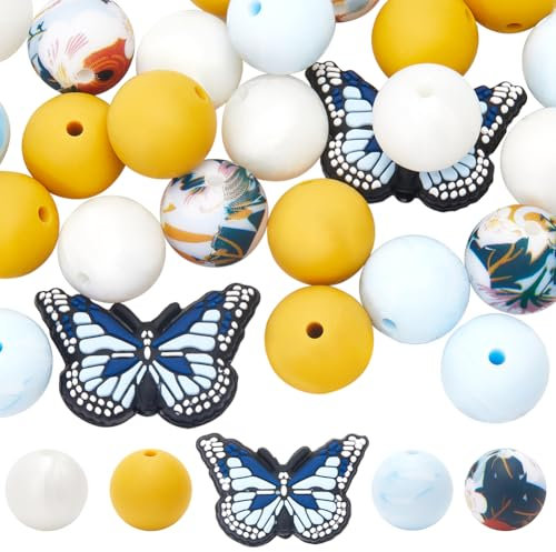 SUNNYCLUE 42Pcs Butterfly Silicone Beads Round Focal Bead Bulk Blue Butterflies Print Pen Beads with Hole Loose Spacer Craft Beads for Jewellery Making Beading Keychains Bracelets Earrings Supplies