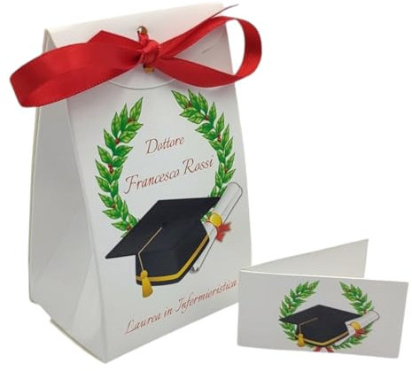 PV Grafik® Bomboniere Laurea Infermieristica Uomo 24+24 – Scatoline Personalizzate con Tocco e Alloro – Bigliettino Coordinato – Cartoncino Premium – Nastro Rosso – Made in Italy (Nica L8)