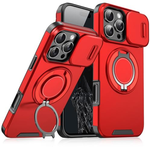 Dqtaoply for iPhone 16 Pro Max case, with Ring Holder sliding camera protector Cover Silicone Absorbs shock Protection Heavy duty Armor Magnetic phone case for iPhone 16 Pro Max Red