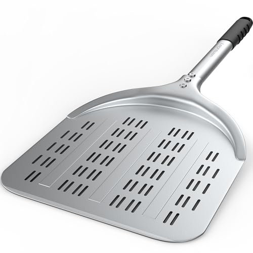Pizza Peel – 12'' Aluminum Perforated Launch Placement Retrieving Peel – Metal Hanging Hook – Lightweight Turning Peel – Non-stick Pizza Paddle – Outdoor Pizza Oven Accessories