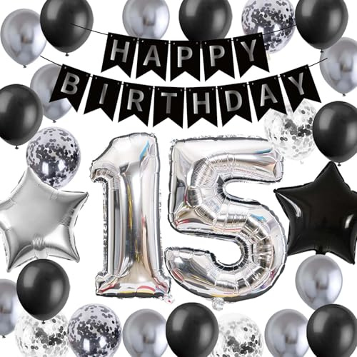 15.Geburtstag Dekoration Junge, 15 Jahre alt Junge Mädchen Ballon Deko, Silber Schwarz Luftballon 15 Geburtstag Party Deko für Ihn Sohn 15 Jahre Alt Zweistellig(15.)