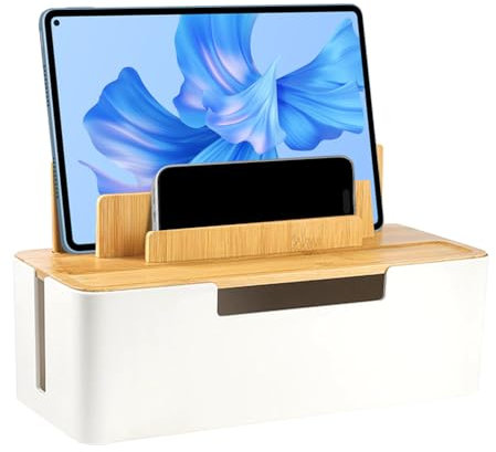 Kabelbox,Kabel Organizer mit Deckel,Aufbewahrungsbox aus Nachhaltigem Bambus und ABS,Verstecken Sie Steckdosenleisten, Zum Verbergen und Abdecken, Kabels,Kabel Organizer Box (Weiß)