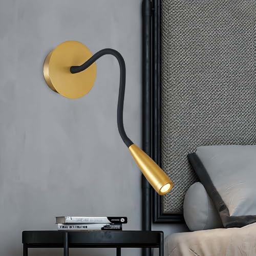 LOGT Schwanenhals Lampe LED Leselampe Wandmontage Wandlampe aus Messing 360° Schwenkbar Wandleuchte Modern Innen Wandbeleuchtung 3W Warmweiß Nachttischlampe Aluminium für Nachttisch Schlafzimmer